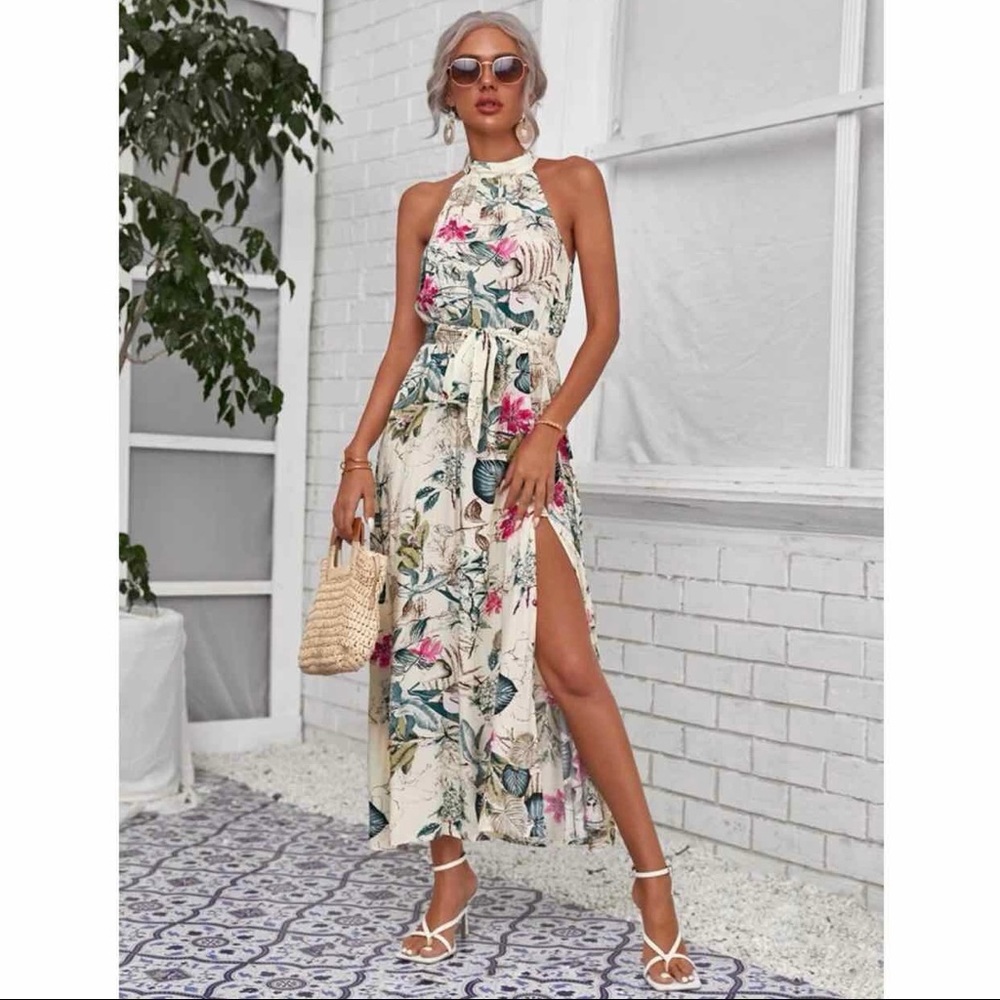 Botanical tie-belt halter maxi dress